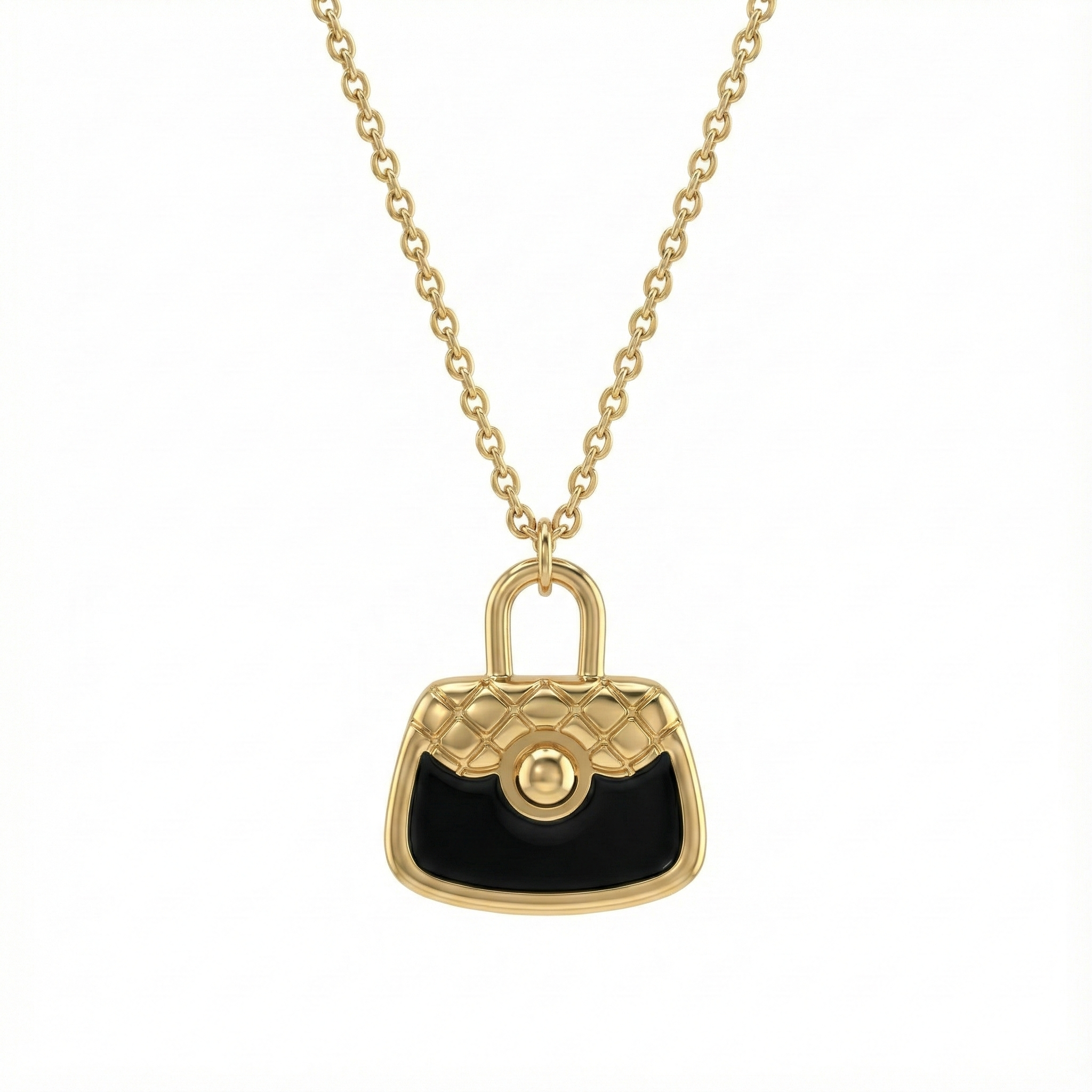 Détail pendentif sac à main noir émaillé collier doré